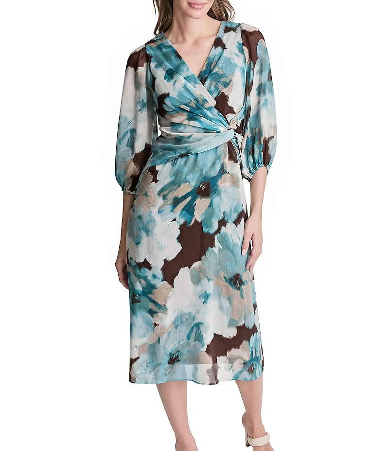 DKNY by Donna Karan Petite Size Long Sleeve Surplice Neck Fit And Flare Chiffon Midi Dress