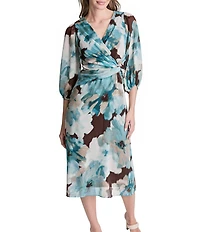 DKNY by Donna Karan Petite Size Long Sleeve Surplice Neck Fit And Flare Chiffon Midi Dress