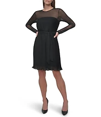 DKNY by Donna Karan Petite Size Mesh Yoke Round Neck Long Sleeve Chiffon Pleated A-Line Dress