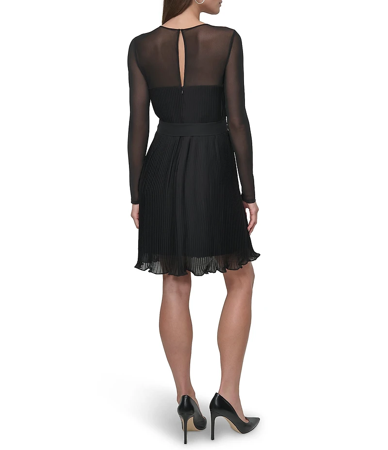 DKNY by Donna Karan Petite Size Mesh Yoke Round Neck Long Sleeve Chiffon Pleated A-Line Dress