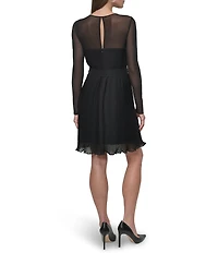 DKNY by Donna Karan Petite Size Mesh Yoke Round Neck Long Sleeve Chiffon Pleated A-Line Dress