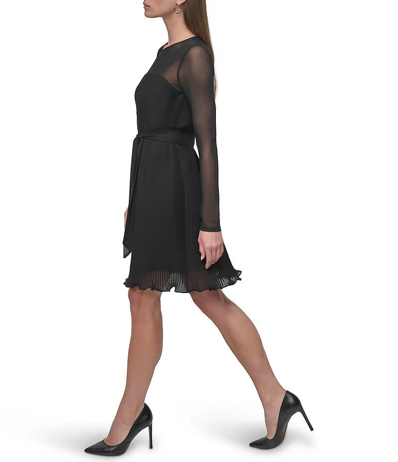 DKNY by Donna Karan Petite Size Mesh Yoke Round Neck Long Sleeve Chiffon Pleated A-Line Dress