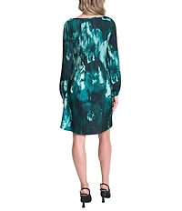 DKNY by Donna Karan Petite Size Printed Charmeuse Crew Neck Long Sleeve Pleated Shift Dress