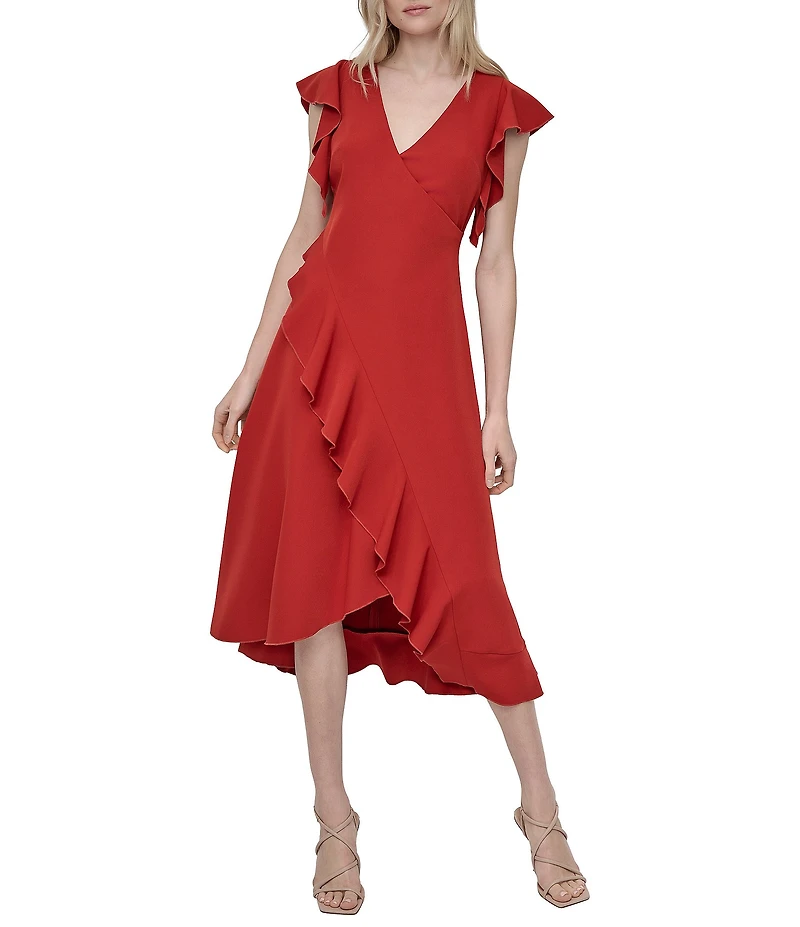DKNY by Donna Karan Petite Size Salon Stretch Ruffle Cap Sleeve Midi Dress