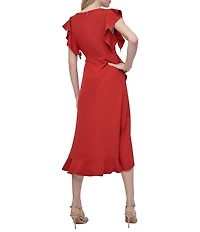 DKNY by Donna Karan Petite Size Salon Stretch Ruffle Cap Sleeve Midi Dress