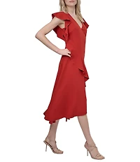 DKNY by Donna Karan Petite Size Salon Stretch Ruffle Cap Sleeve Midi Dress