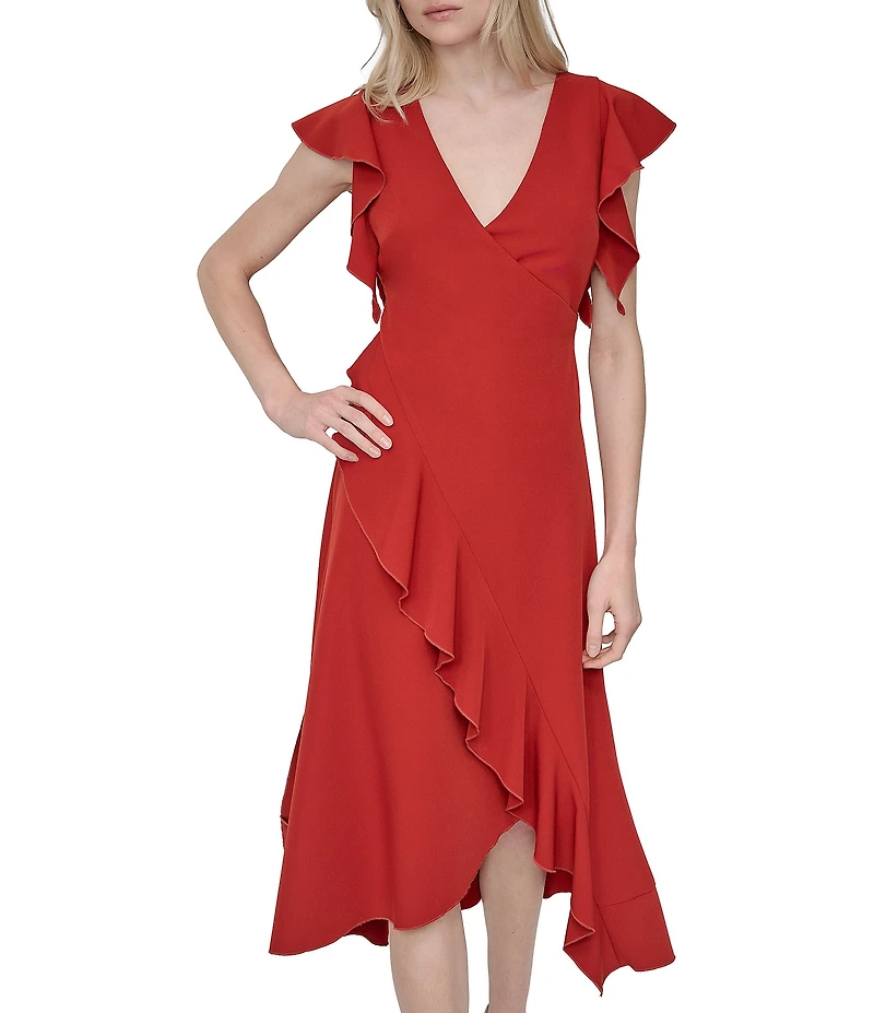 DKNY by Donna Karan Petite Size Salon Stretch Ruffle Cap Sleeve Midi Dress
