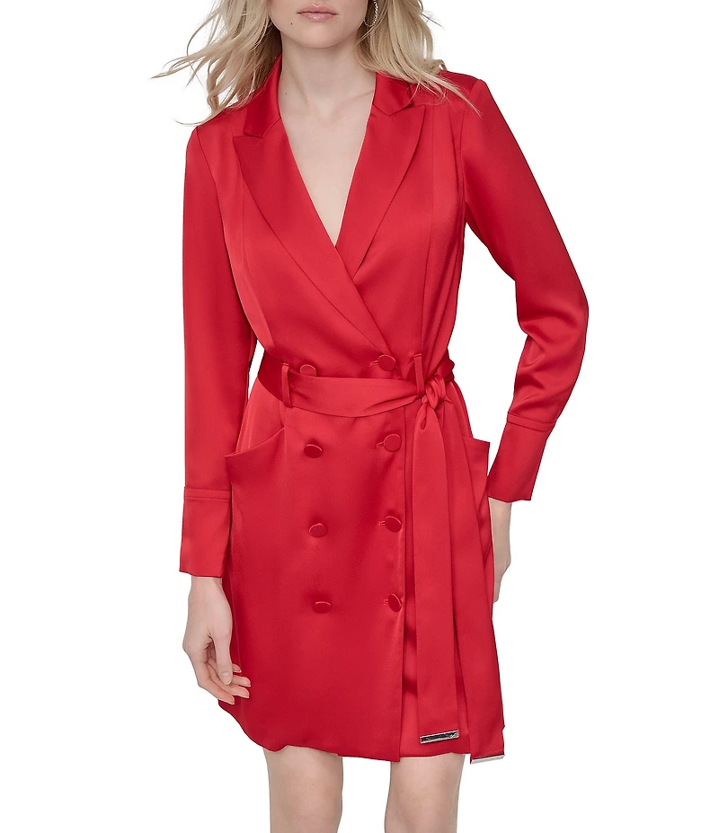 DKNY by Donna Karan Petite Size Satin Crepe V-Neck Long Sleeve Belted Coat Dress