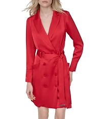 DKNY by Donna Karan Petite Size Satin Crepe V-Neck Long Sleeve Belted Coat Dress
