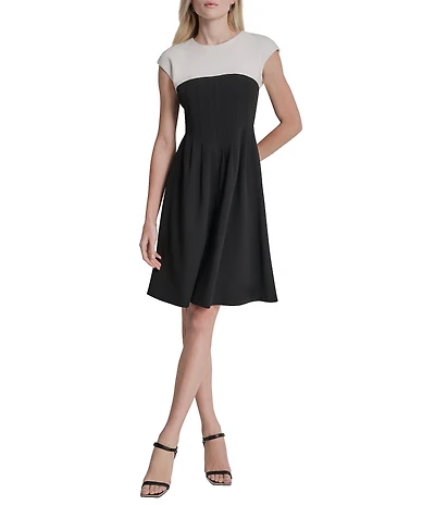 DKNY by Donna Karan Petite Size Scuba Crepe Crew Neck Cap Sleeve Colorblock Dress