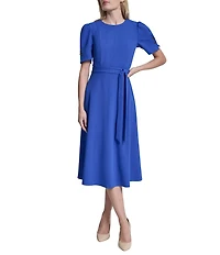 DKNY By Donna Karan Petite Size Scuba Crepe Short Sleeve A-Line Midi Dress