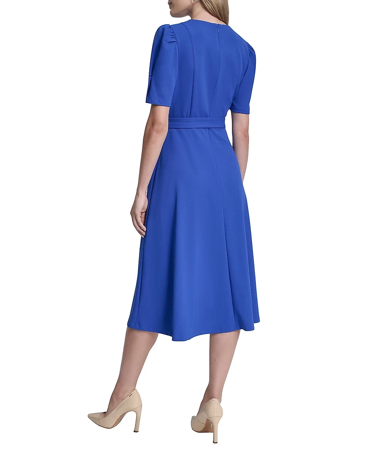 DKNY By Donna Karan Petite Size Scuba Crepe Short Sleeve A-Line Midi Dress