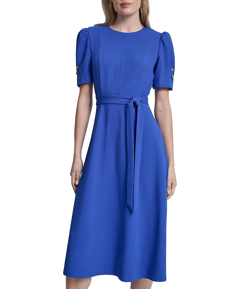 DKNY By Donna Karan Petite Size Scuba Crepe Short Sleeve A-Line Midi Dress
