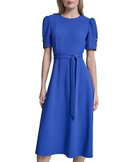 DKNY By Donna Karan Petite Size Scuba Crepe Short Sleeve A-Line Midi Dress