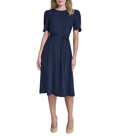 DKNY By Donna Karan Petite Size Scuba Crepe Short Sleeve A-Line Midi Dress