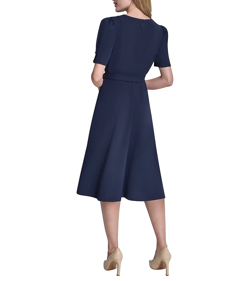 DKNY By Donna Karan Petite Size Scuba Crepe Short Sleeve A-Line Midi Dress
