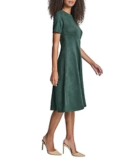 DKNY by Donna Karan Petite Size Scuba Suede Crew Neck Short Sleeve Fit And Flare Midi Dress