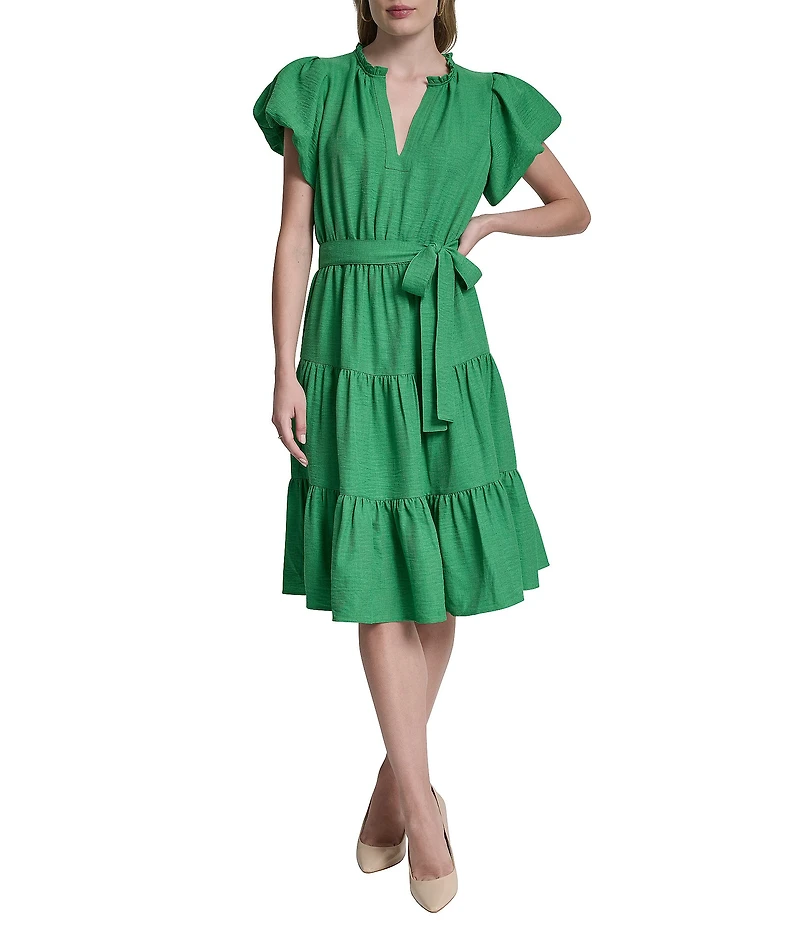 DKNY By Donna Karan Petite Size Short Bubble Sleeve Tiered Midi Dress