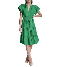 DKNY By Donna Karan Petite Size Short Bubble Sleeve Tiered Midi Dress