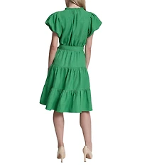 DKNY By Donna Karan Petite Size Short Bubble Sleeve Tiered Midi Dress