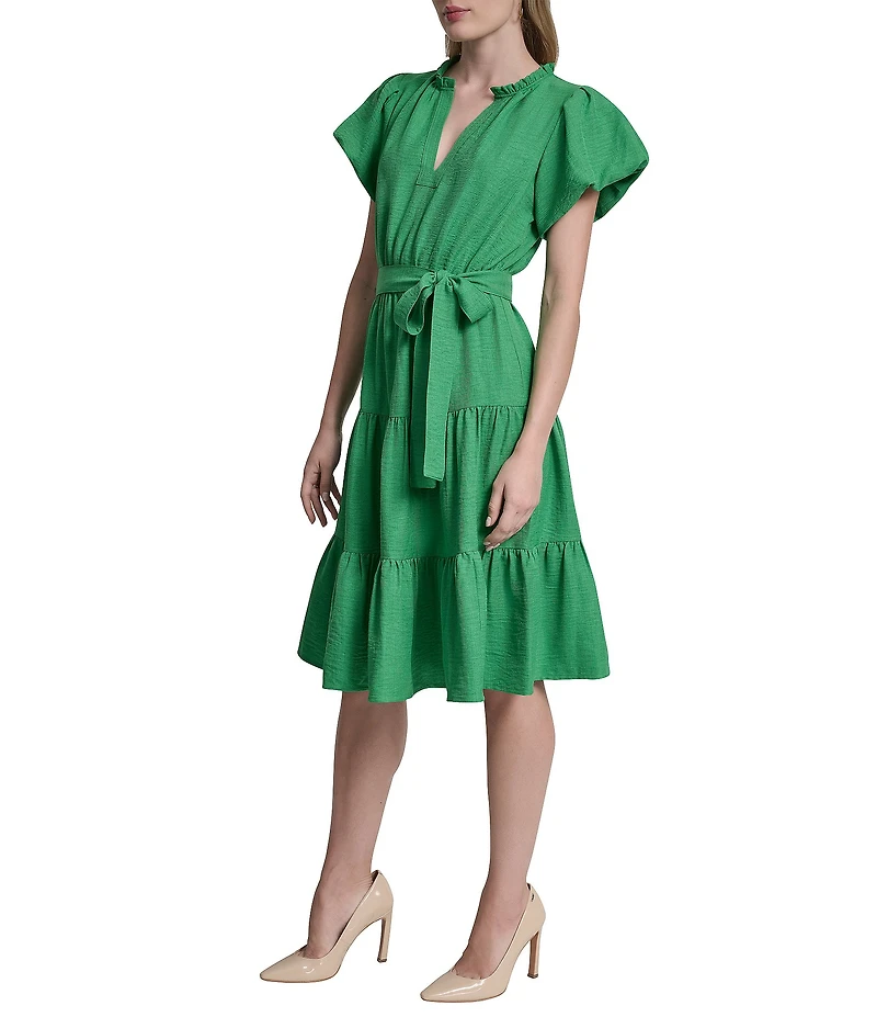 DKNY By Donna Karan Petite Size Short Bubble Sleeve Tiered Midi Dress