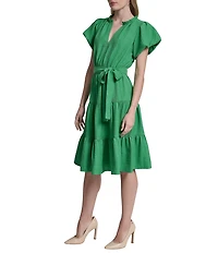 DKNY By Donna Karan Petite Size Short Bubble Sleeve Tiered Midi Dress