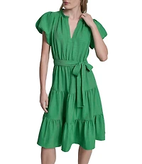 DKNY By Donna Karan Petite Size Short Bubble Sleeve Tiered Midi Dress