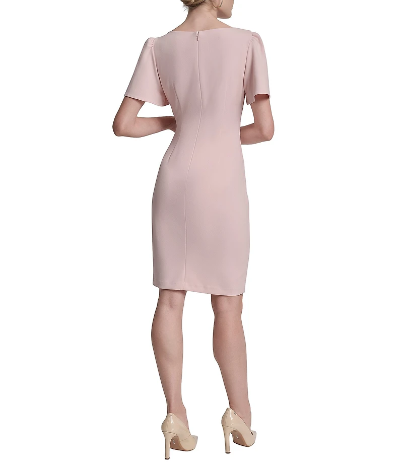 DKNY by Donna Karan Petite Size Short Sleeve Crew Neck Ruched Mini Sheath Dress