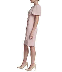 DKNY by Donna Karan Petite Size Short Sleeve Crew Neck Ruched Mini Sheath Dress