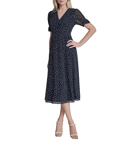 DKNY by Donna Karan Petite Size Short Sleeve Dot Print Midi Dress