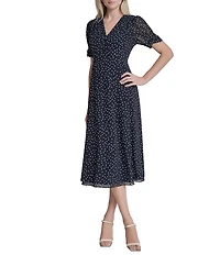 DKNY by Donna Karan Petite Size Short Sleeve Dot Print Midi Dress