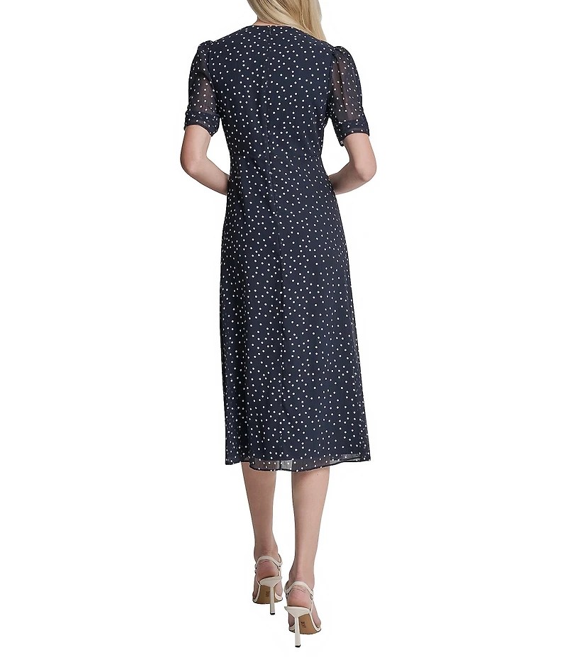 DKNY by Donna Karan Petite Size Short Sleeve Dot Print Midi Dress