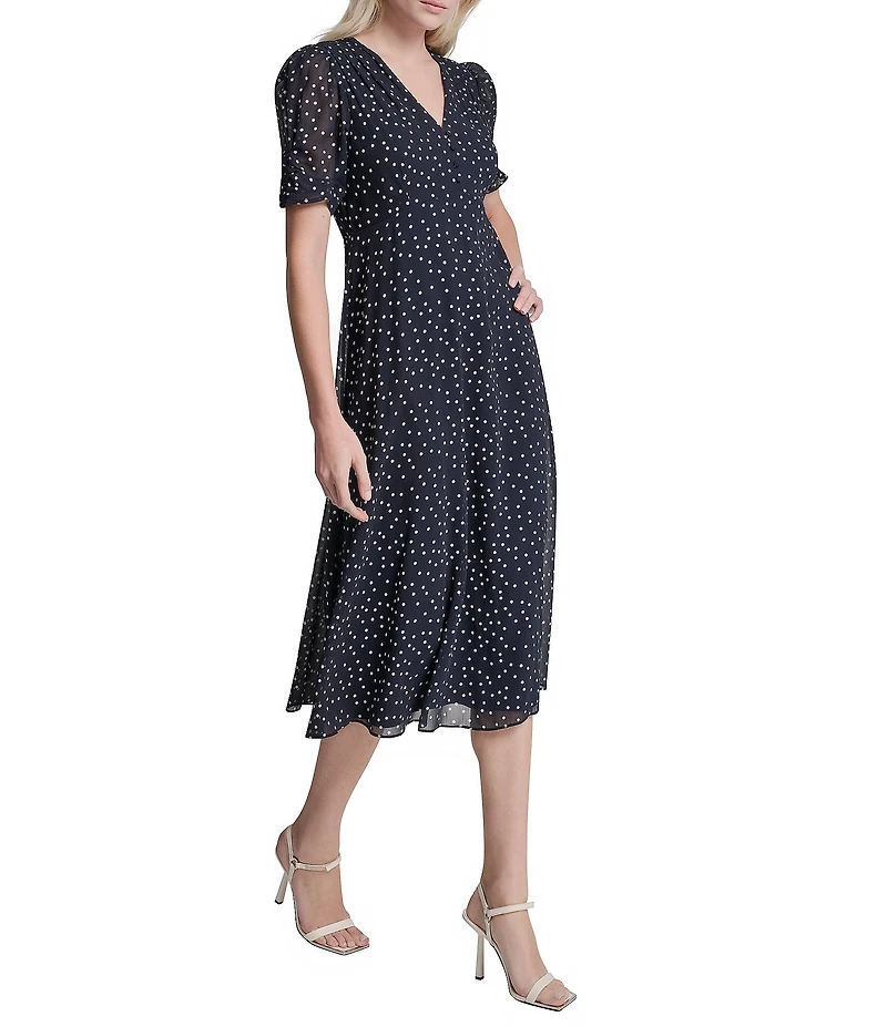 DKNY by Donna Karan Petite Size Short Sleeve Dot Print Midi Dress