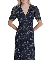 DKNY by Donna Karan Petite Size Short Sleeve Dot Print Midi Dress