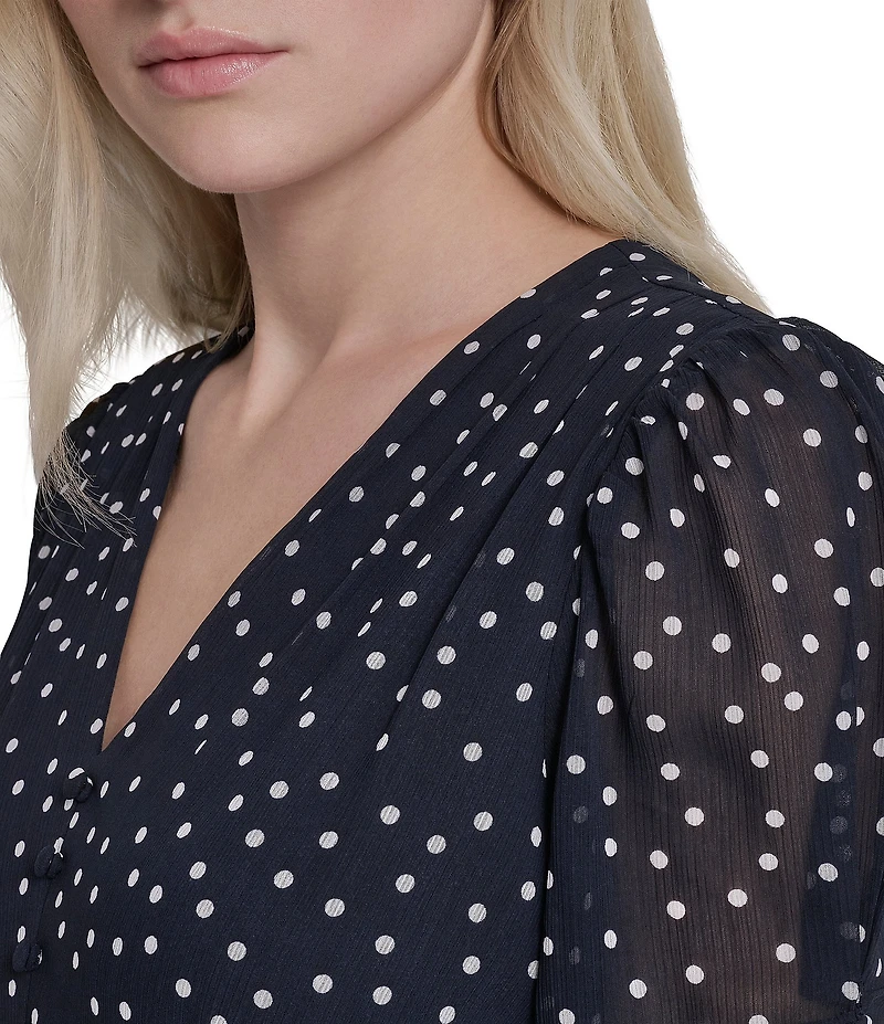 DKNY by Donna Karan Petite Size Short Sleeve Dot Print Midi Dress