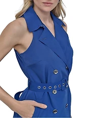 DKNY by Donna Karan Petite Size Tech Taffeta Notch Collar Neck Sleeveless Belted Sheath Mini Dress