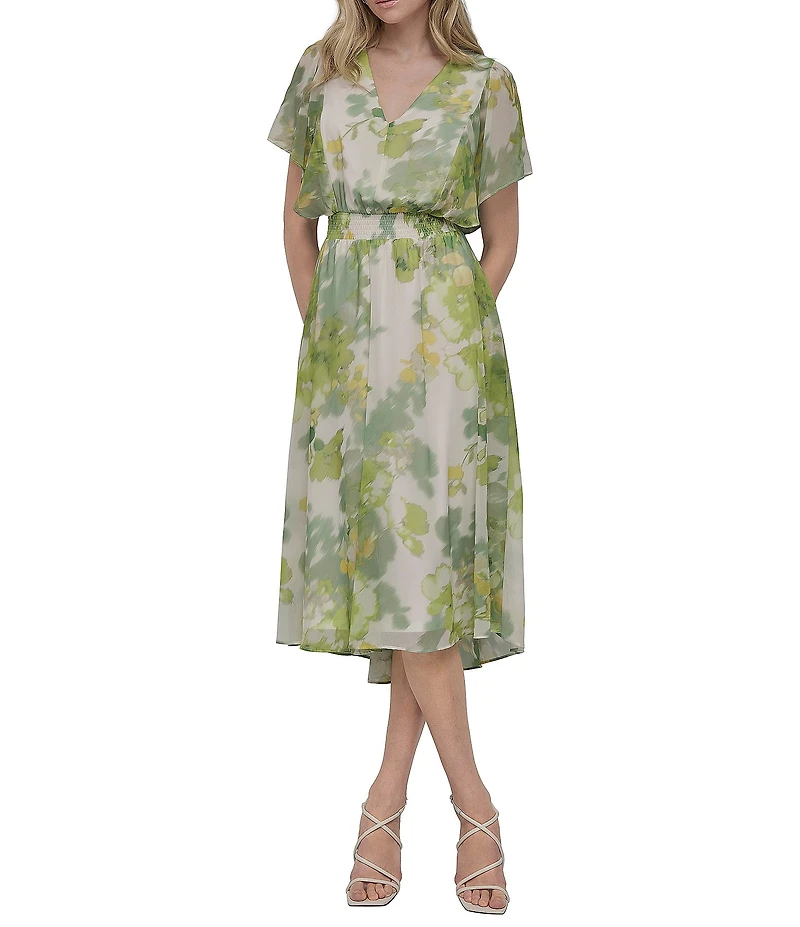 DKNY by Donna Karan Petite Size V-Neck Short Flutter Sleeve Smocked A-Line Midi Dress
