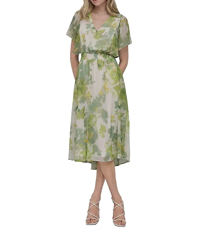 DKNY by Donna Karan Petite Size V-Neck Short Flutter Sleeve Smocked A-Line Midi Dress