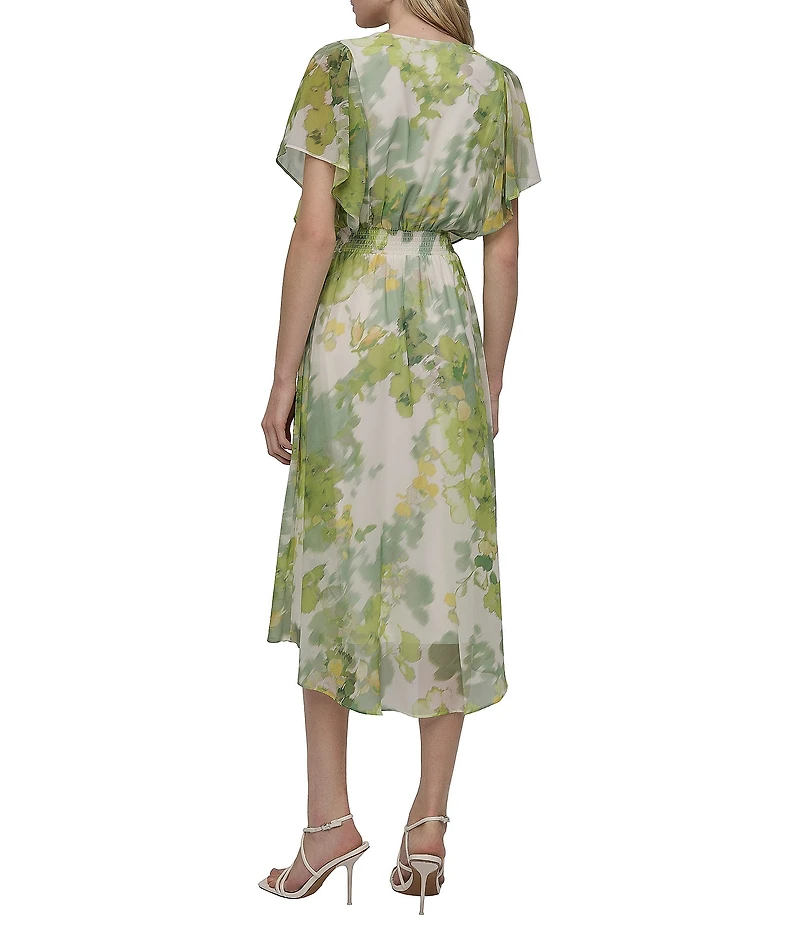 DKNY by Donna Karan Petite Size V-Neck Short Flutter Sleeve Smocked A-Line Midi Dress