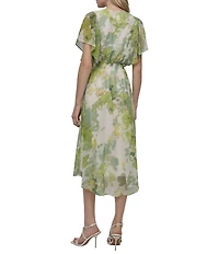 DKNY by Donna Karan Petite Size V-Neck Short Flutter Sleeve Smocked A-Line Midi Dress