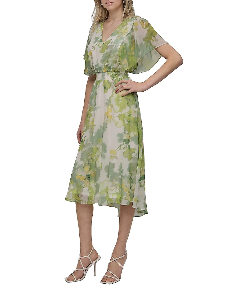 DKNY by Donna Karan Petite Size V-Neck Short Flutter Sleeve Smocked A-Line Midi Dress