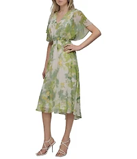 DKNY by Donna Karan Petite Size V-Neck Short Flutter Sleeve Smocked A-Line Midi Dress