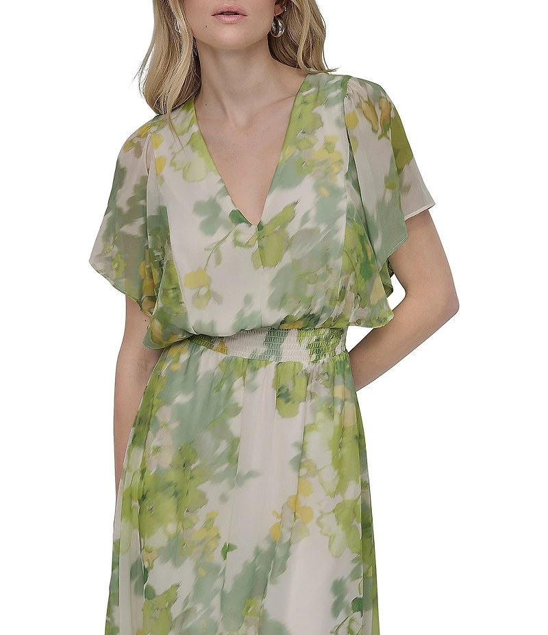 DKNY by Donna Karan Petite Size V-Neck Short Flutter Sleeve Smocked A-Line Midi Dress