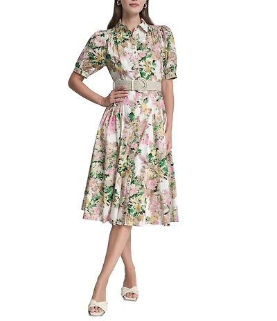 DKNY by Donna Karan Petite Size Woven Floral Print Short Puff Sleeve Belted Midi Shirt Dress