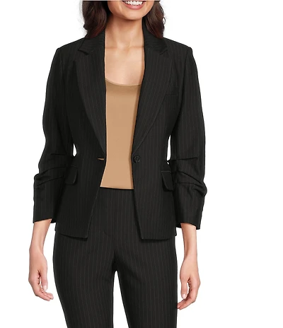 DKNY by Donna Karan Pinstripe Ponte Ruche Sleeve One-Button Blazer