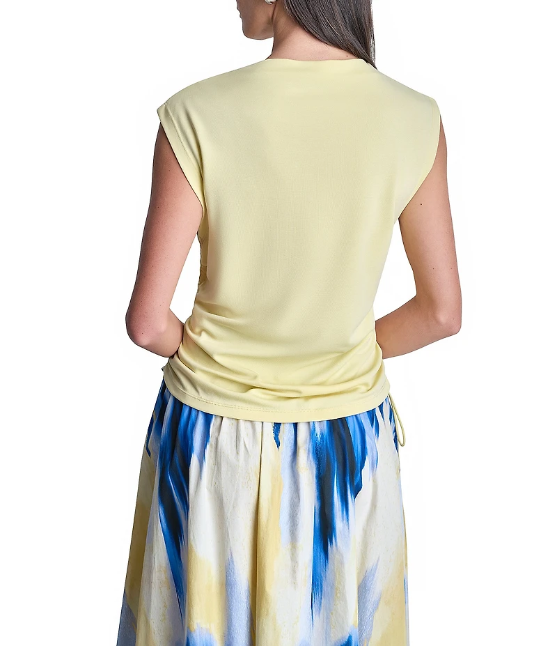 DKNY by Donna Karan Pique Crew Neck Sleeveless Side Ruch Top