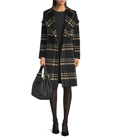 DKNY by Donna Karan Plaid Print Shawl Collar One Button Wool Blend Coat