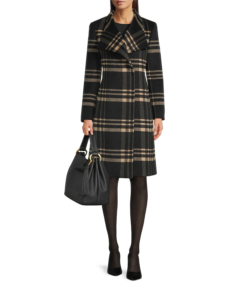 DKNY by Donna Karan Plaid Print Shawl Collar One Button Wool Blend Coat