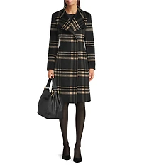 DKNY by Donna Karan Plaid Print Shawl Collar One Button Wool Blend Coat