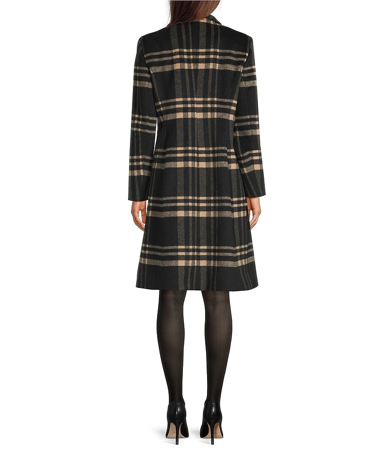 DKNY by Donna Karan Plaid Print Shawl Collar One Button Wool Blend Coat